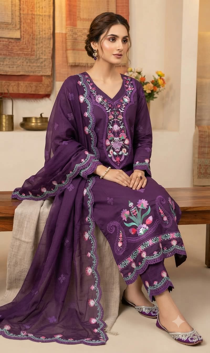 Embroidery Readymade Three Piece – 2 Colours Available